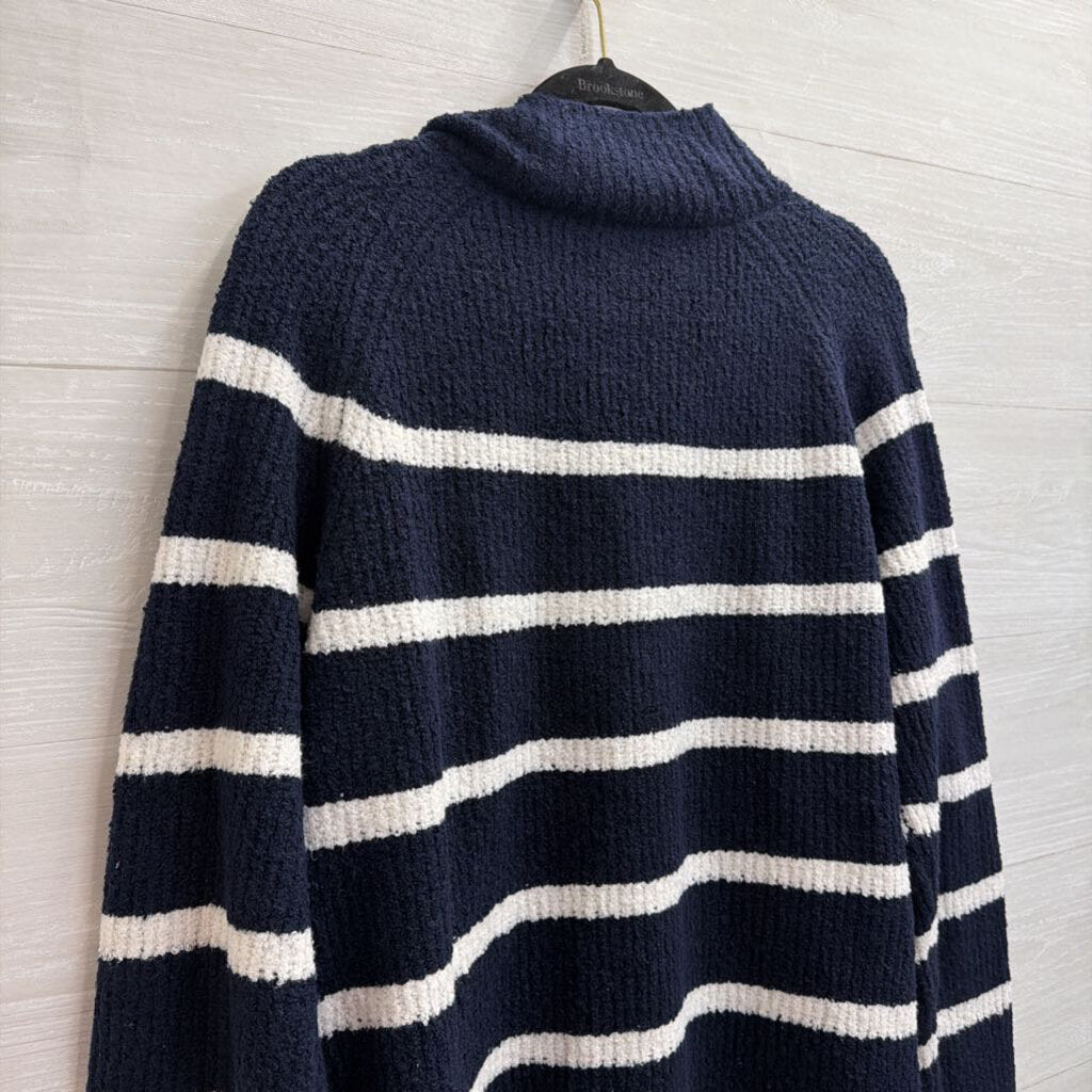 Talbots Navy/ White Knit Striped Quarter Zip Sweater Large