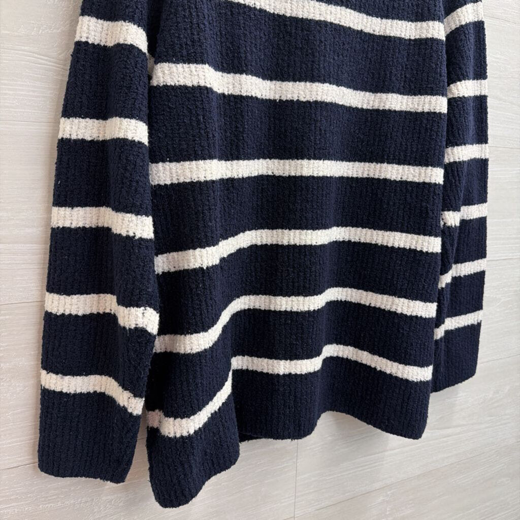 Talbots Navy/ White Knit Striped Quarter Zip Sweater Large