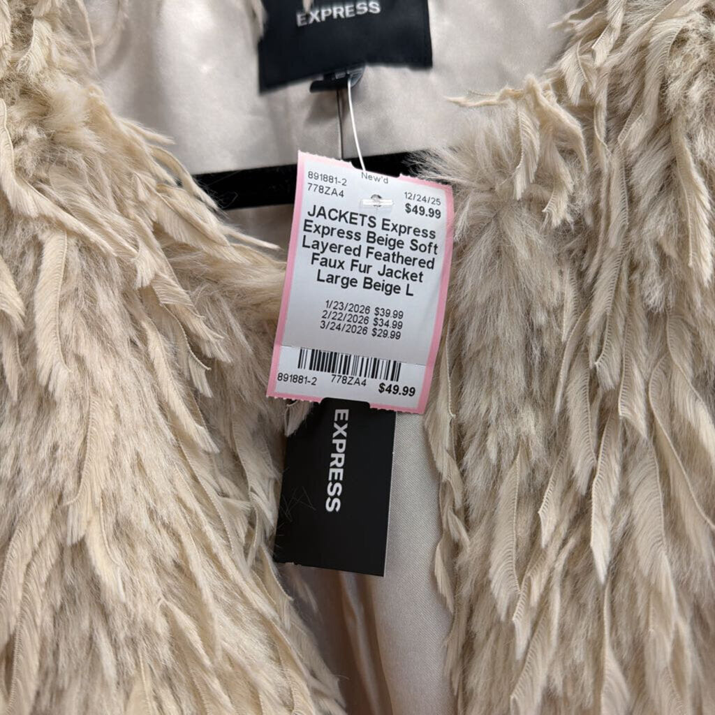 Express Beige Soft Layered Feathered Faux Fur Jacket Large