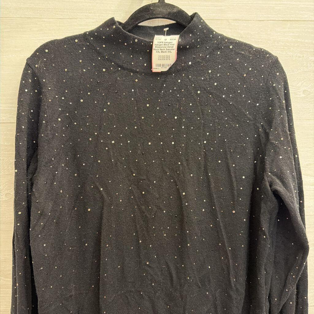 Halogen Black Knit Rhinestone Detail Mock Neck Sweater XXL