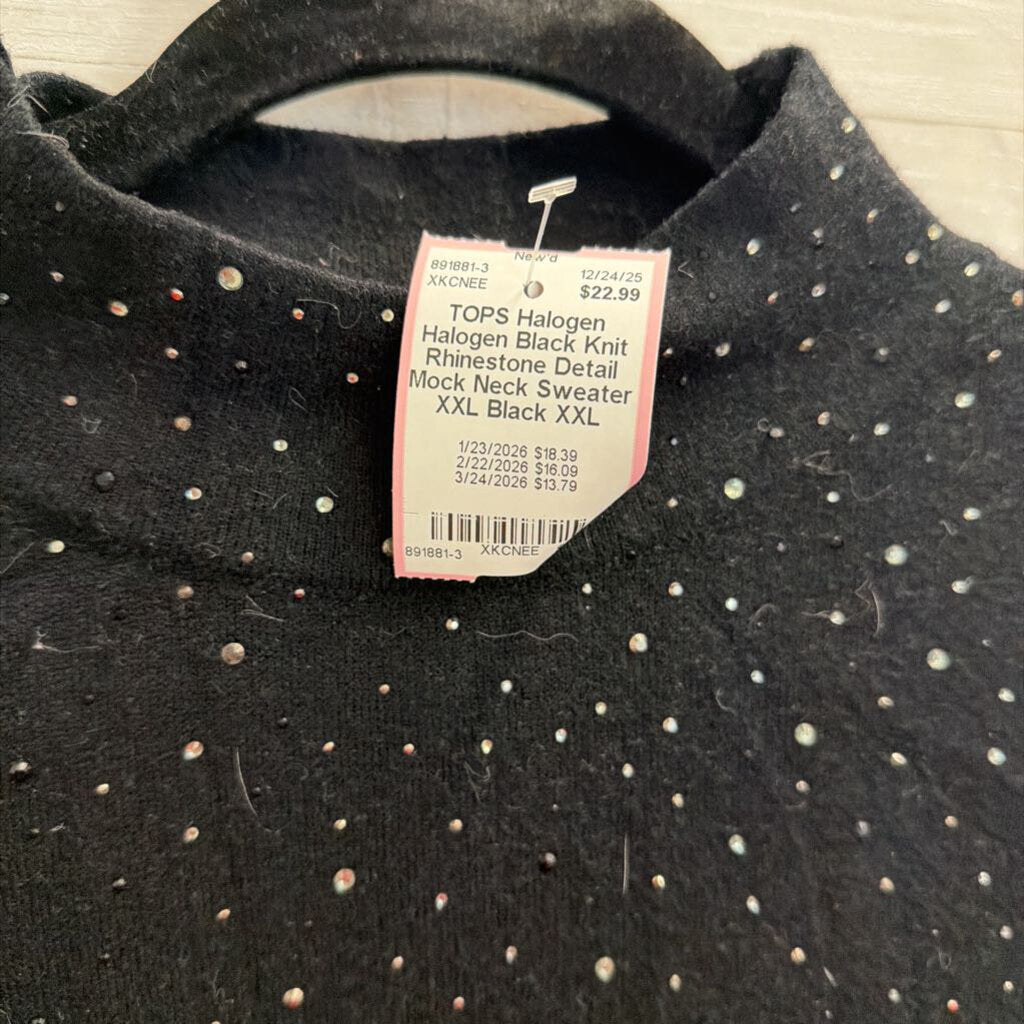 Halogen Black Knit Rhinestone Detail Mock Neck Sweater XXL