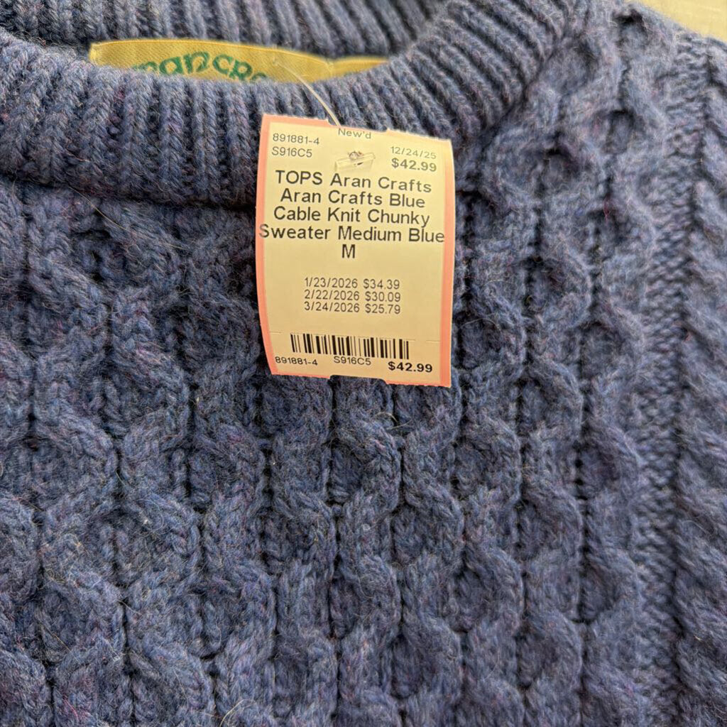 Aran Crafts Blue Cable Knit Chunky Sweater Medium