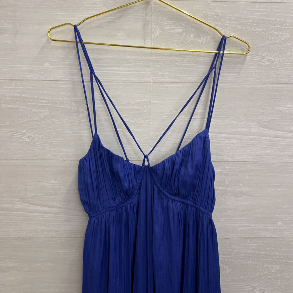 Anthropologie Blue Pleated Silky Lace Up Back Maxi Dress Small