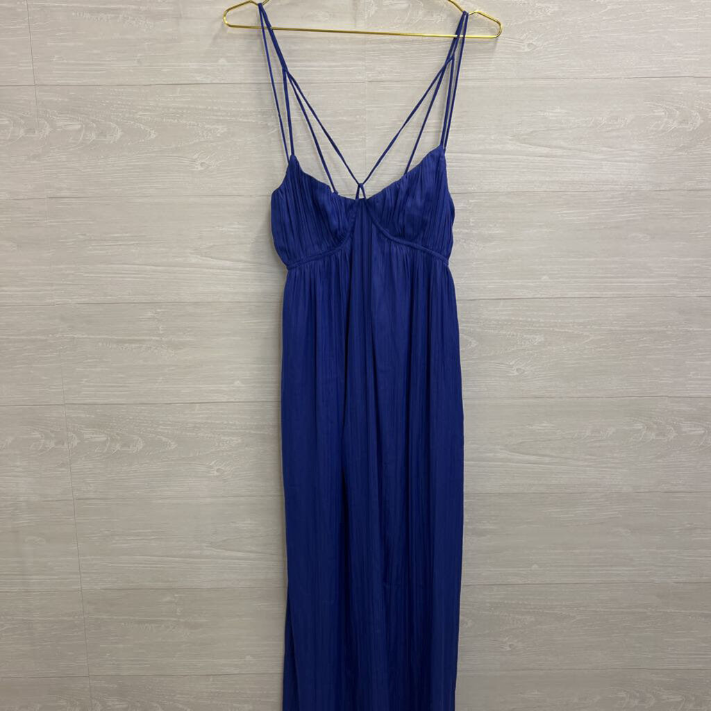 Anthropologie Blue Pleated Silky Lace Up Back Maxi Dress Small