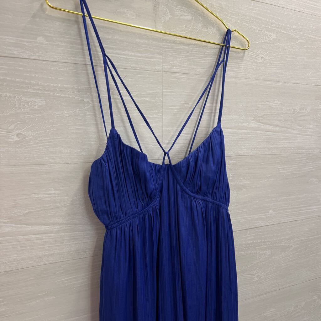 Anthropologie Blue Pleated Silky Lace Up Back Maxi Dress Small