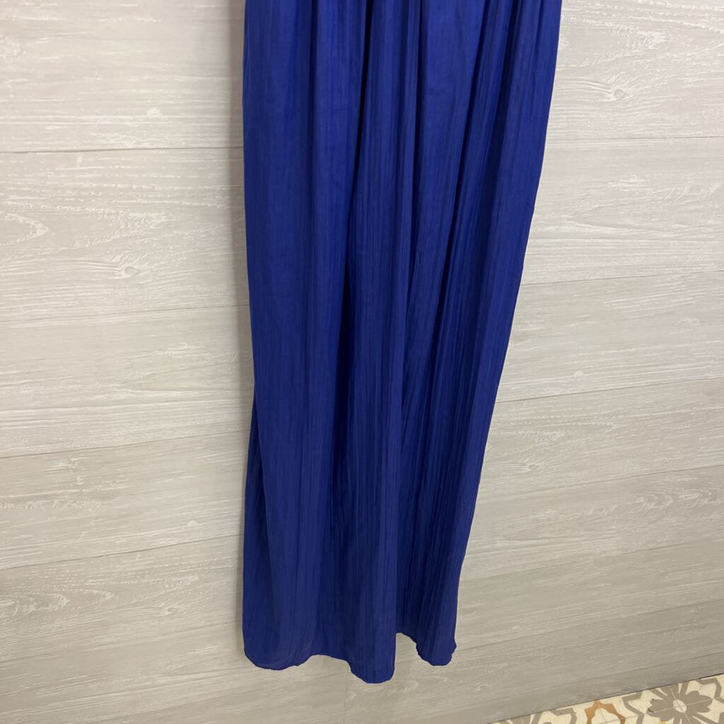 Anthropologie Blue Pleated Silky Lace Up Back Maxi Dress Small