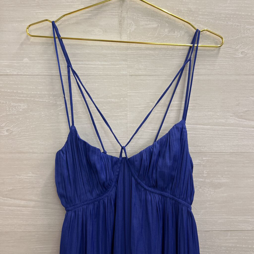 Anthropologie Blue Pleated Silky Lace Up Back Maxi Dress Small