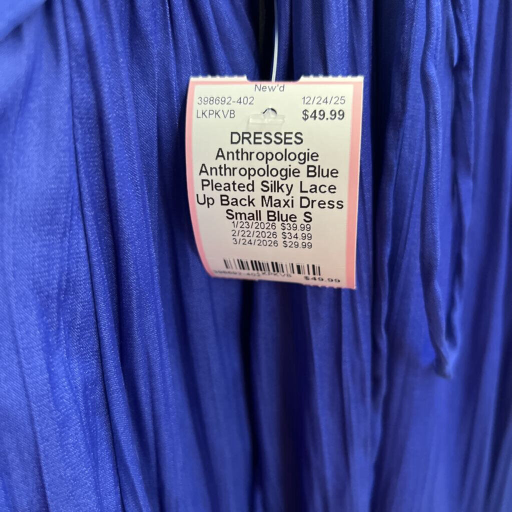 Anthropologie Blue Pleated Silky Lace Up Back Maxi Dress Small