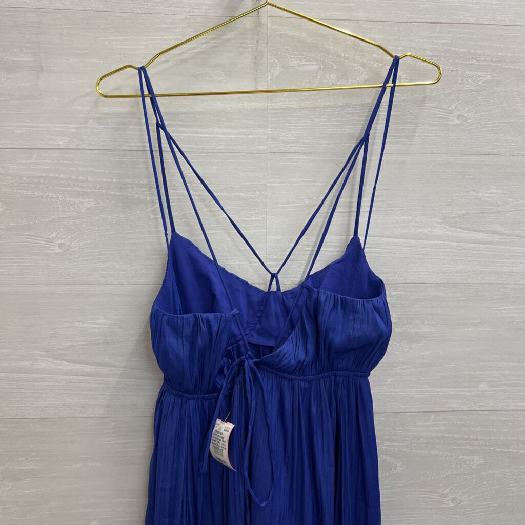 Anthropologie Blue Pleated Silky Lace Up Back Maxi Dress Small