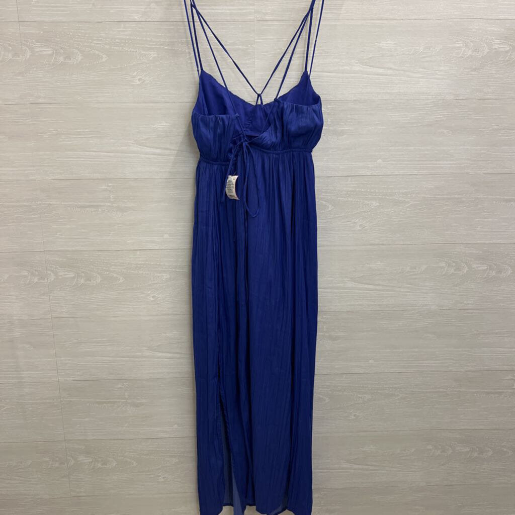 Anthropologie Blue Pleated Silky Lace Up Back Maxi Dress Small