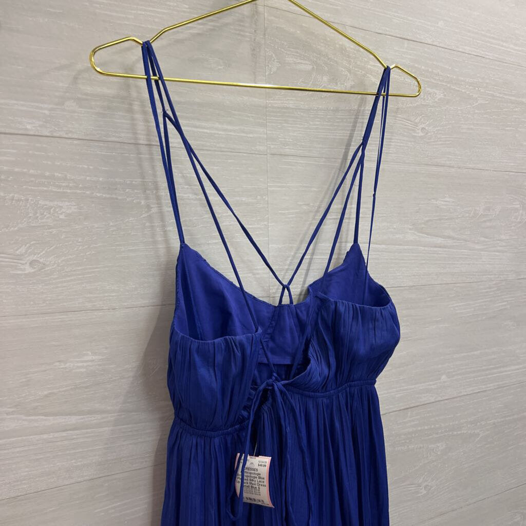 Anthropologie Blue Pleated Silky Lace Up Back Maxi Dress Small