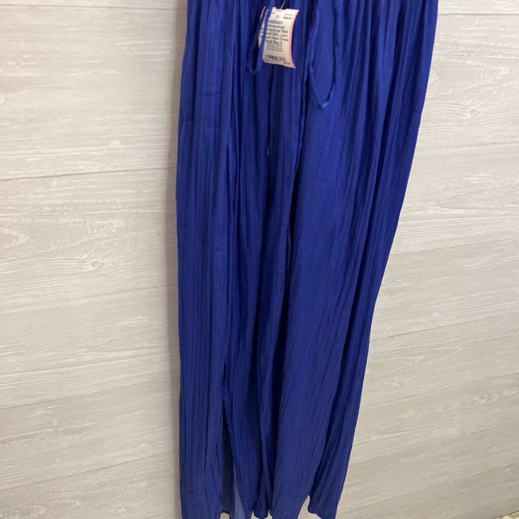 Anthropologie Blue Pleated Silky Lace Up Back Maxi Dress Small