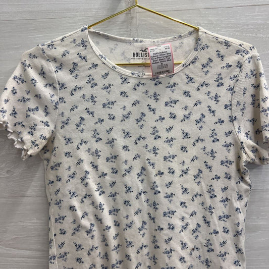 Hollister White/ Blue Floral Print Cropped Short Sleeve Top Medium
