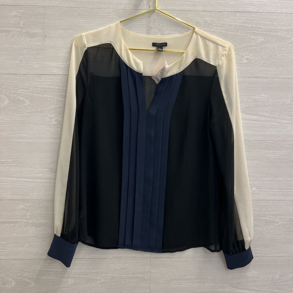 Ann Taylor White/ Navy/ Black Color Block Long Sleeve Top Extra Small