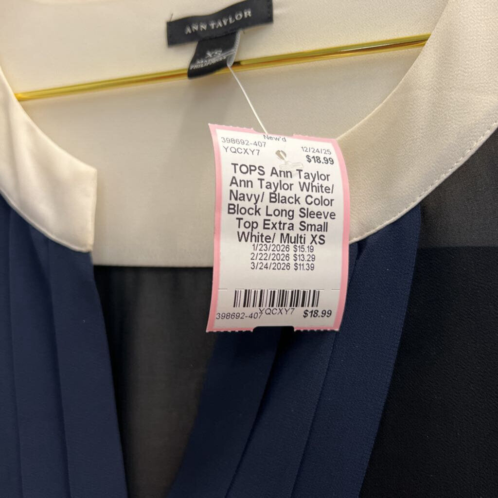 Ann Taylor White/ Navy/ Black Color Block Long Sleeve Top Extra Small
