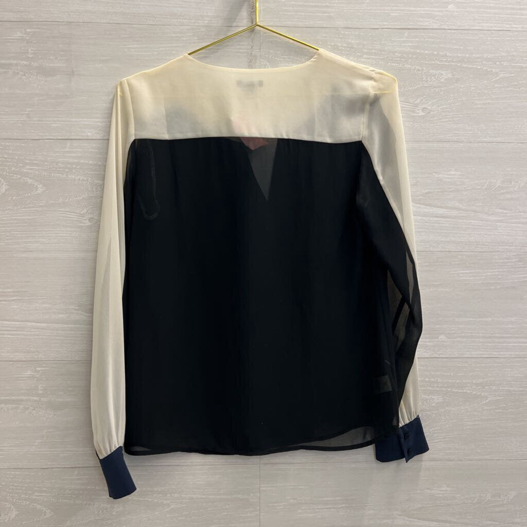 Ann Taylor White/ Navy/ Black Color Block Long Sleeve Top Extra Small