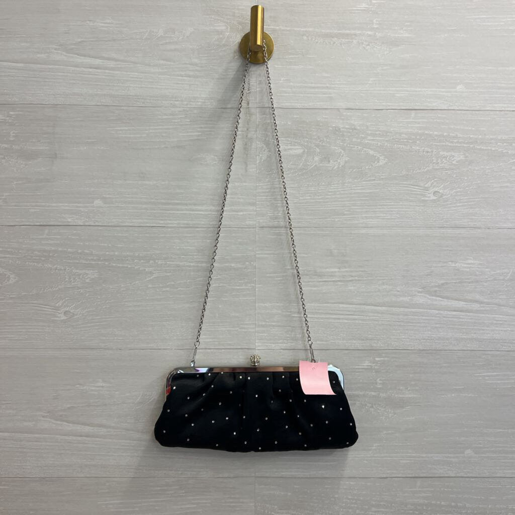 Lulu Townsend Black Satin Rhinestone Detail Clutch/ Crossbody Purse