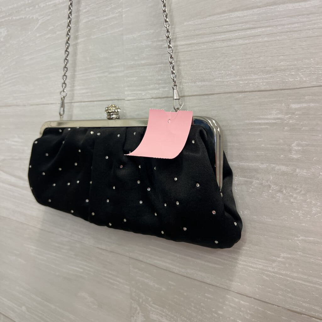 Lulu Townsend Black Satin Rhinestone Detail Clutch/ Crossbody Purse