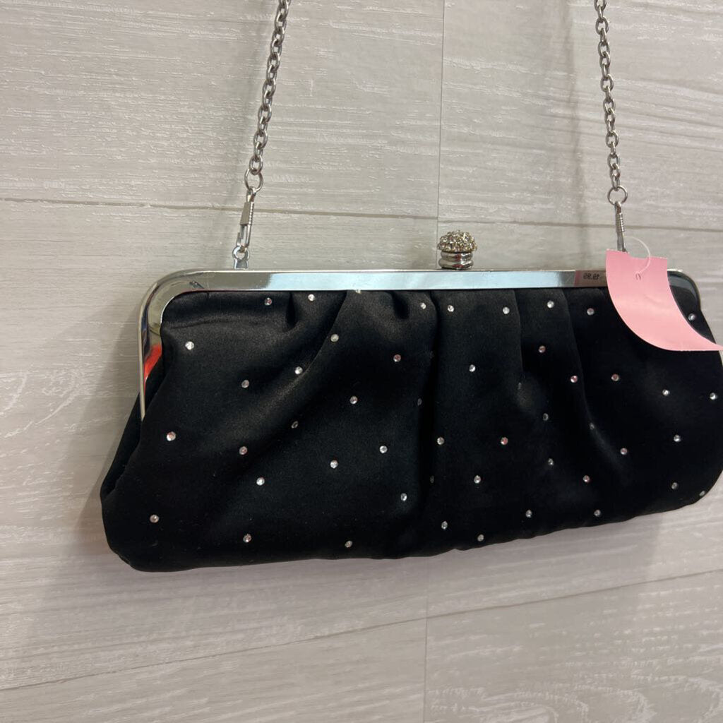 Lulu Townsend Black Satin Rhinestone Detail Clutch/ Crossbody Purse