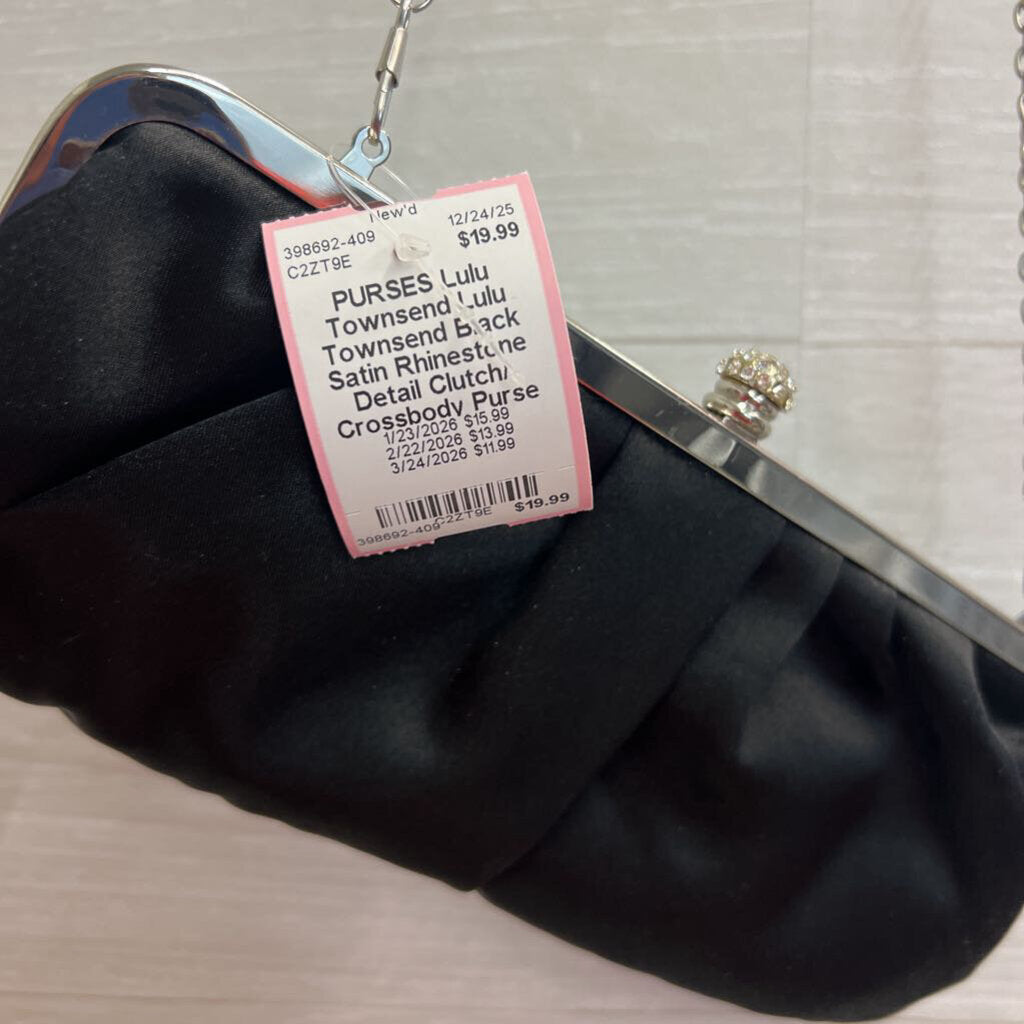 Lulu Townsend Black Satin Rhinestone Detail Clutch/ Crossbody Purse