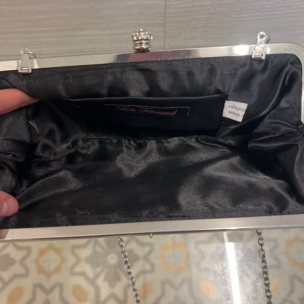 Lulu Townsend Black Satin Rhinestone Detail Clutch/ Crossbody Purse