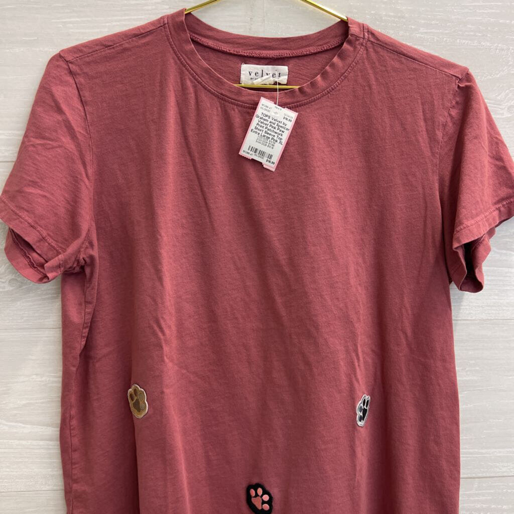 Velvet Pink Paw Print Patchwork Short Sleeve Top Extra Large