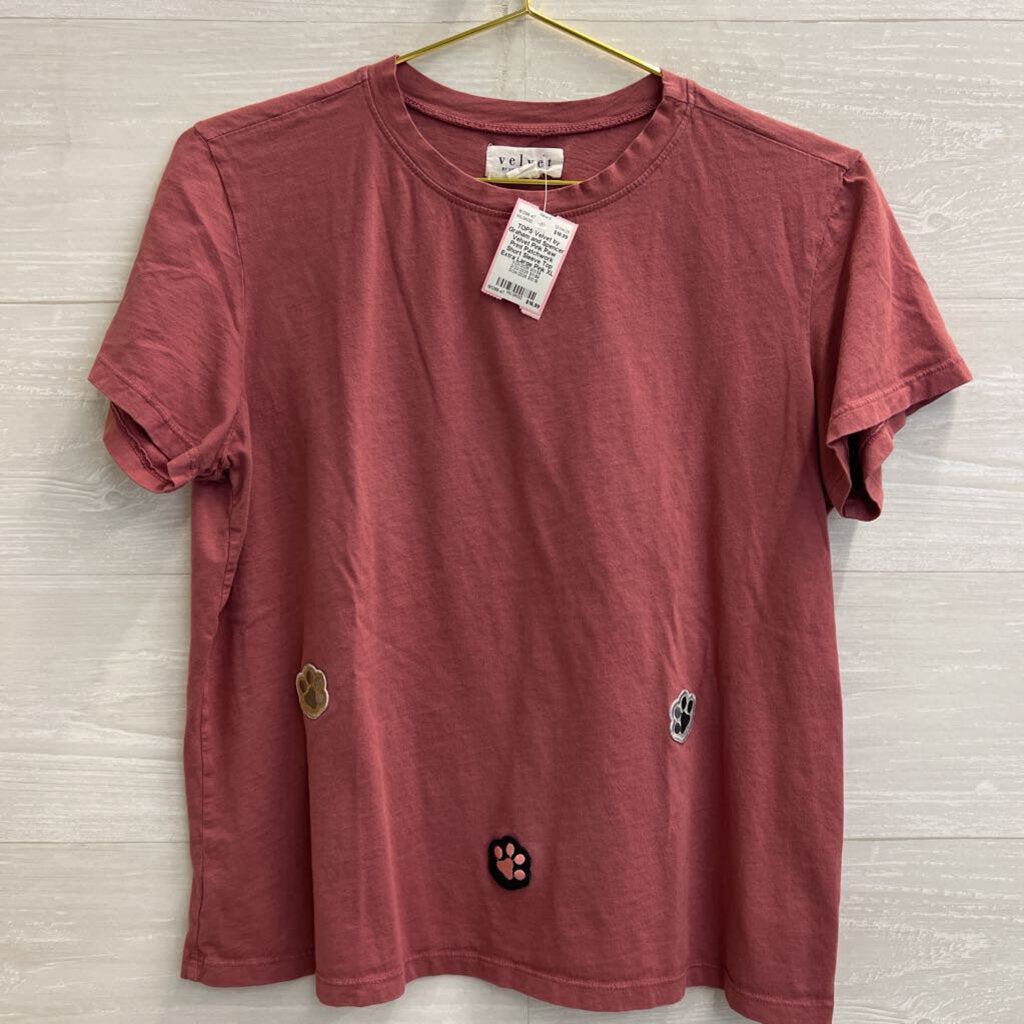 Velvet Pink Paw Print Patchwork Short Sleeve Top Extra Large