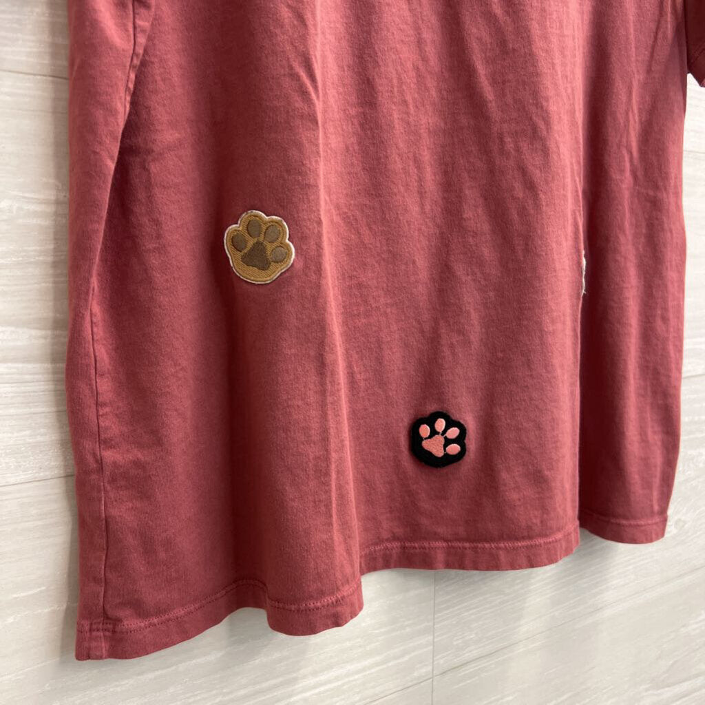 Velvet Pink Paw Print Patchwork Short Sleeve Top Extra Large