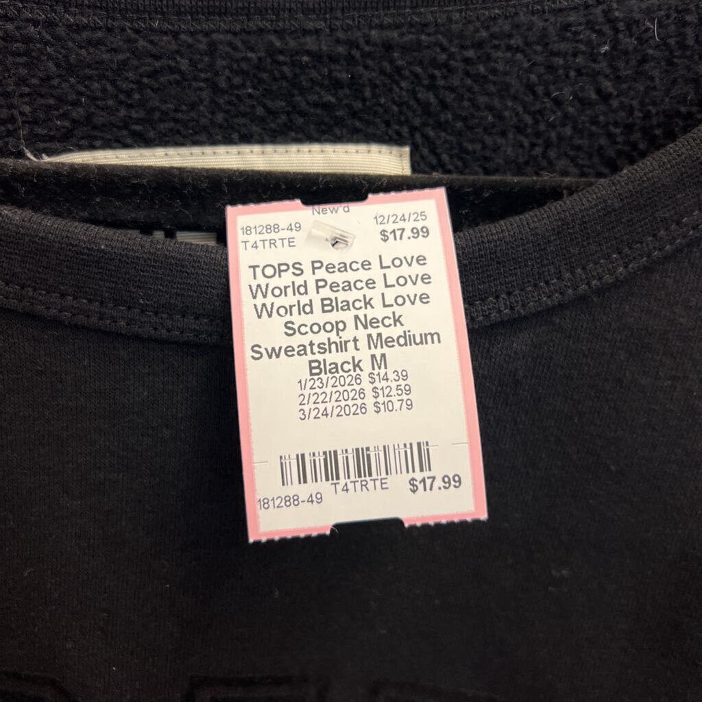 Peace Love World Black Love Scoop Neck Sweatshirt Medium
