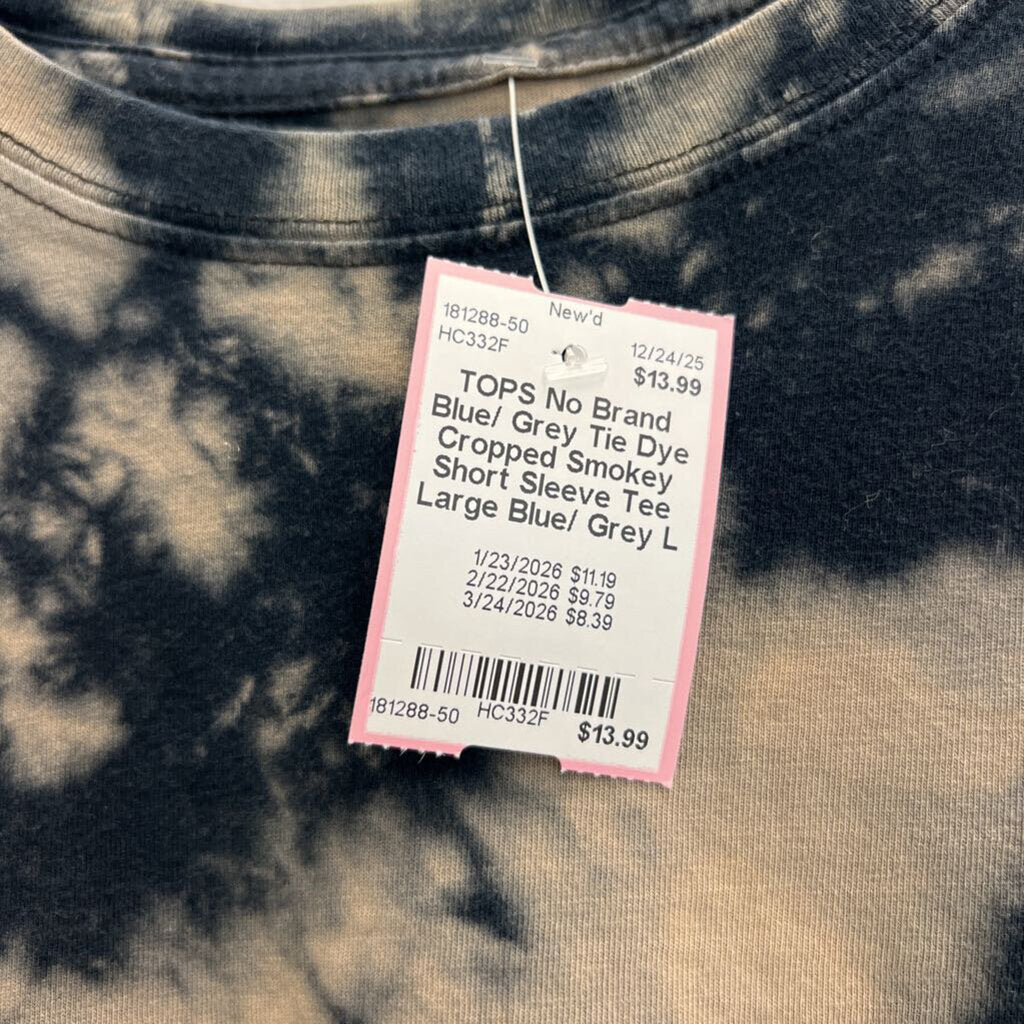 Blue/ Grey Tie Dye Cropped Smokey Short Sleeve Tee Large