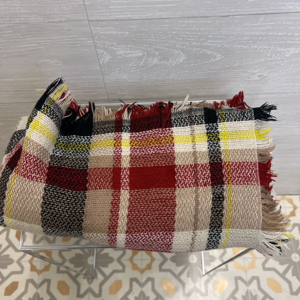 KOLN 100% Cashmere Red/ Multi Plaid Print Blanket Scarf