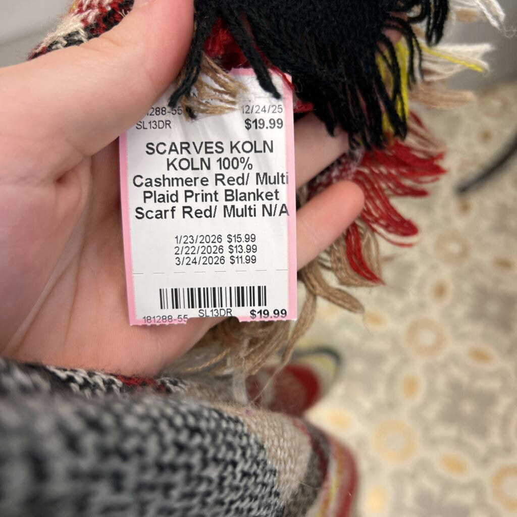 KOLN 100% Cashmere Red/ Multi Plaid Print Blanket Scarf
