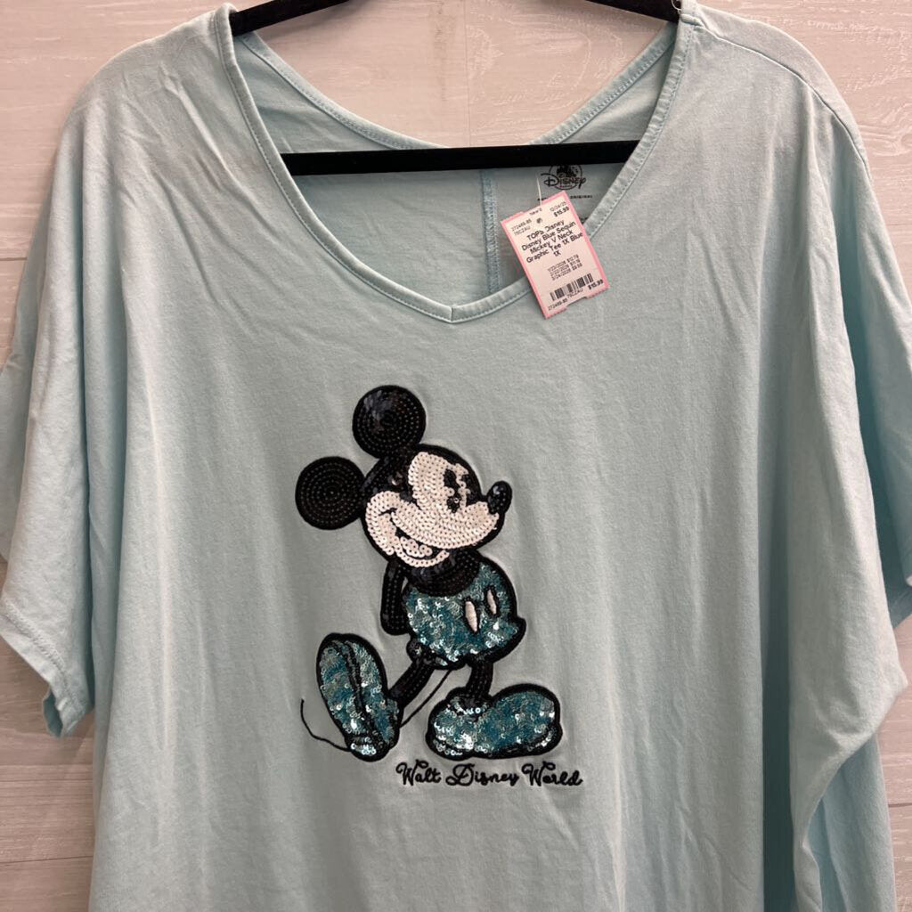 Disney Blue Sequin Mickey V Neck Graphic Tee 1X
