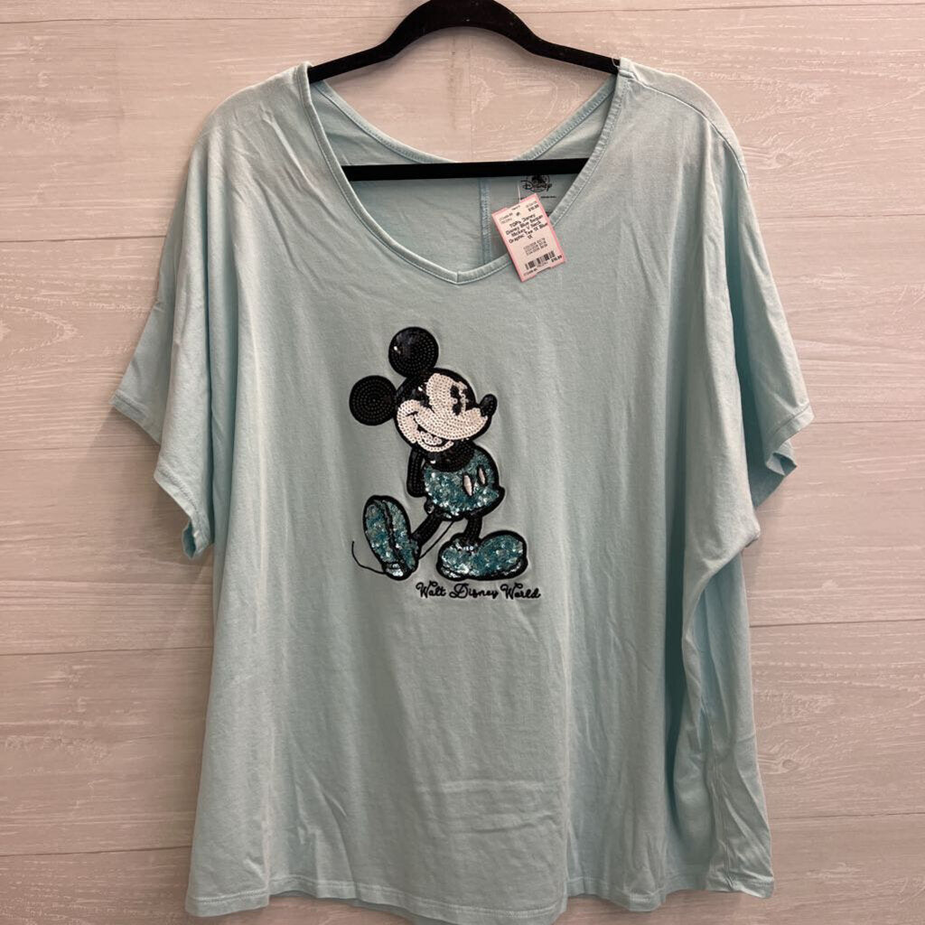 Disney Blue Sequin Mickey V Neck Graphic Tee 1X