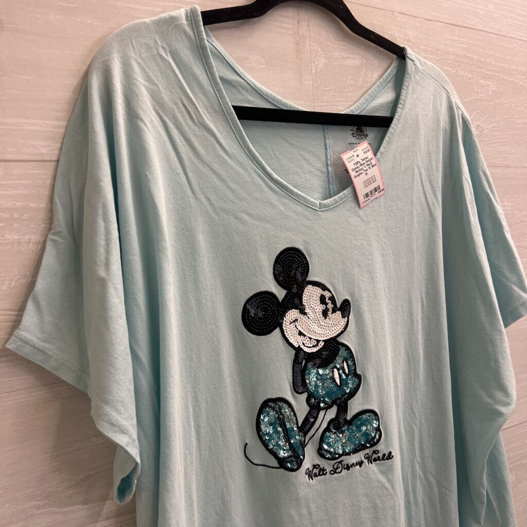 Disney Blue Sequin Mickey V Neck Graphic Tee 1X