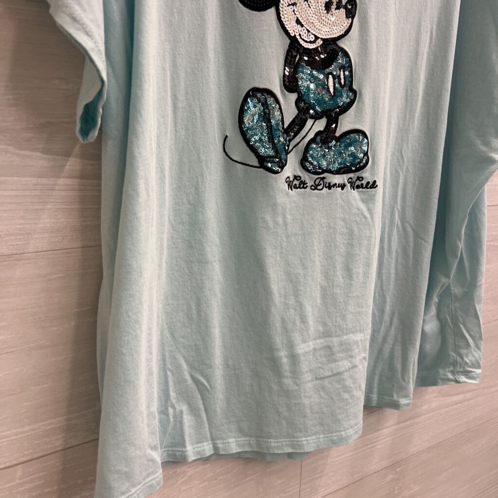 Disney Blue Sequin Mickey V Neck Graphic Tee 1X