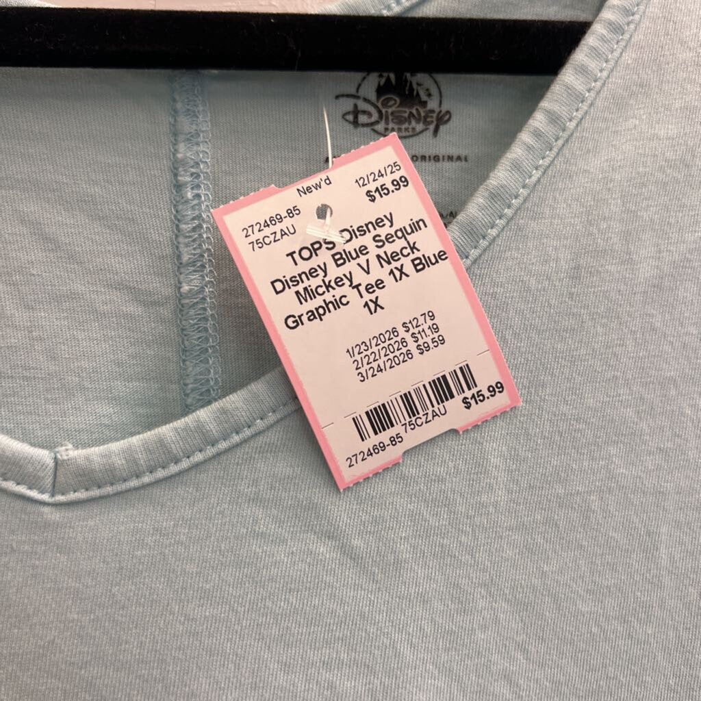 Disney Blue Sequin Mickey V Neck Graphic Tee 1X