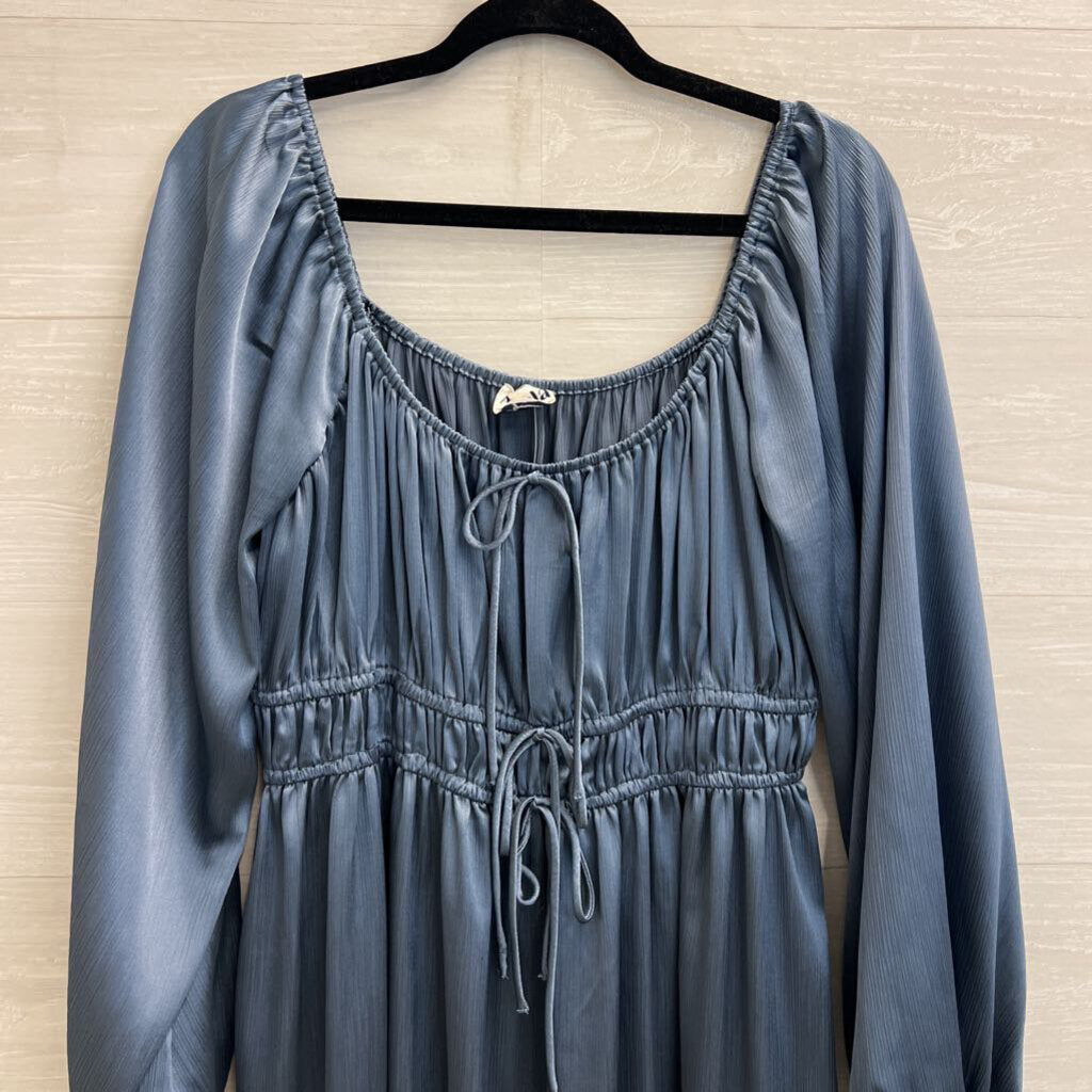 Arula Blue Silky LOng Sleeve Tie Front Maxi Dress Large