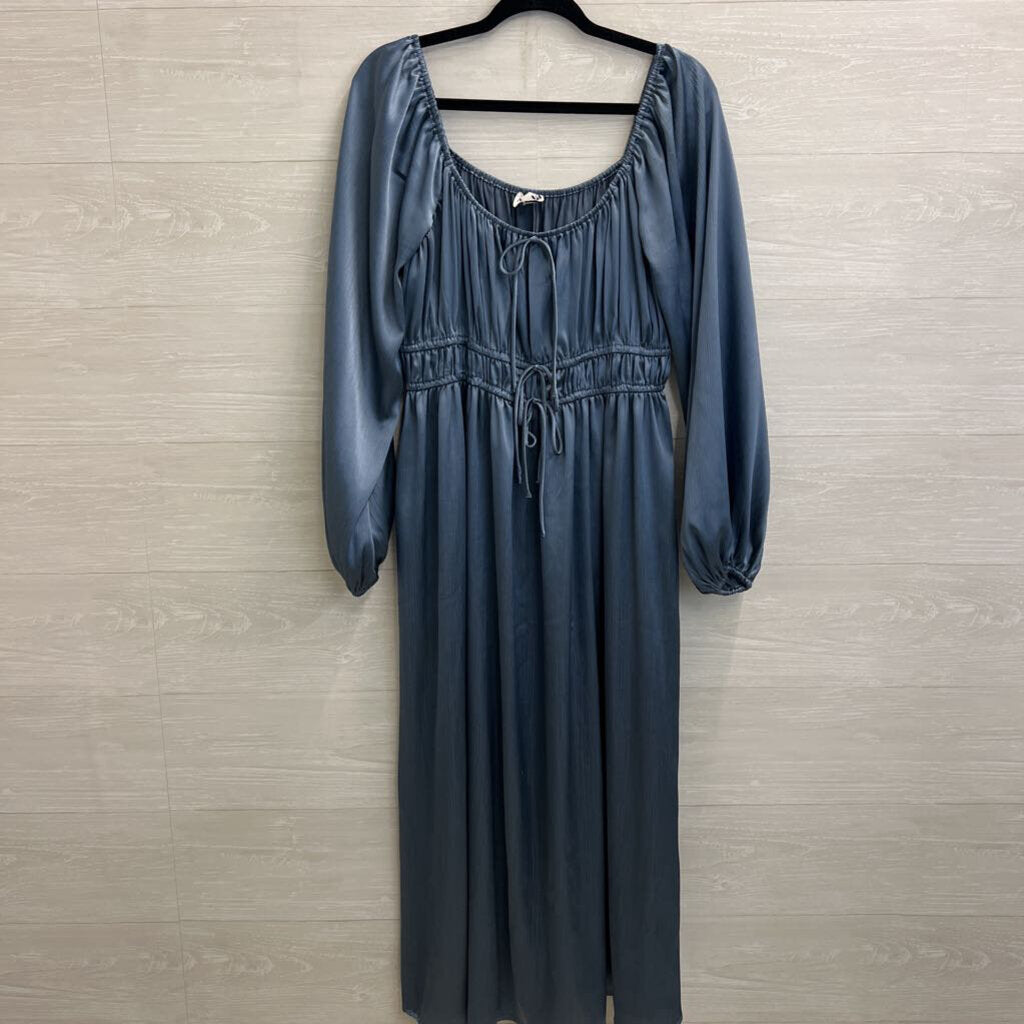 Arula Blue Silky LOng Sleeve Tie Front Maxi Dress Large