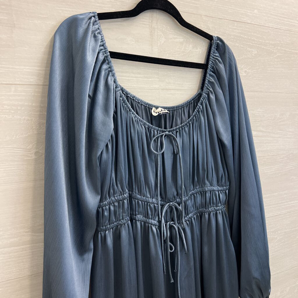 Arula Blue Silky LOng Sleeve Tie Front Maxi Dress Large