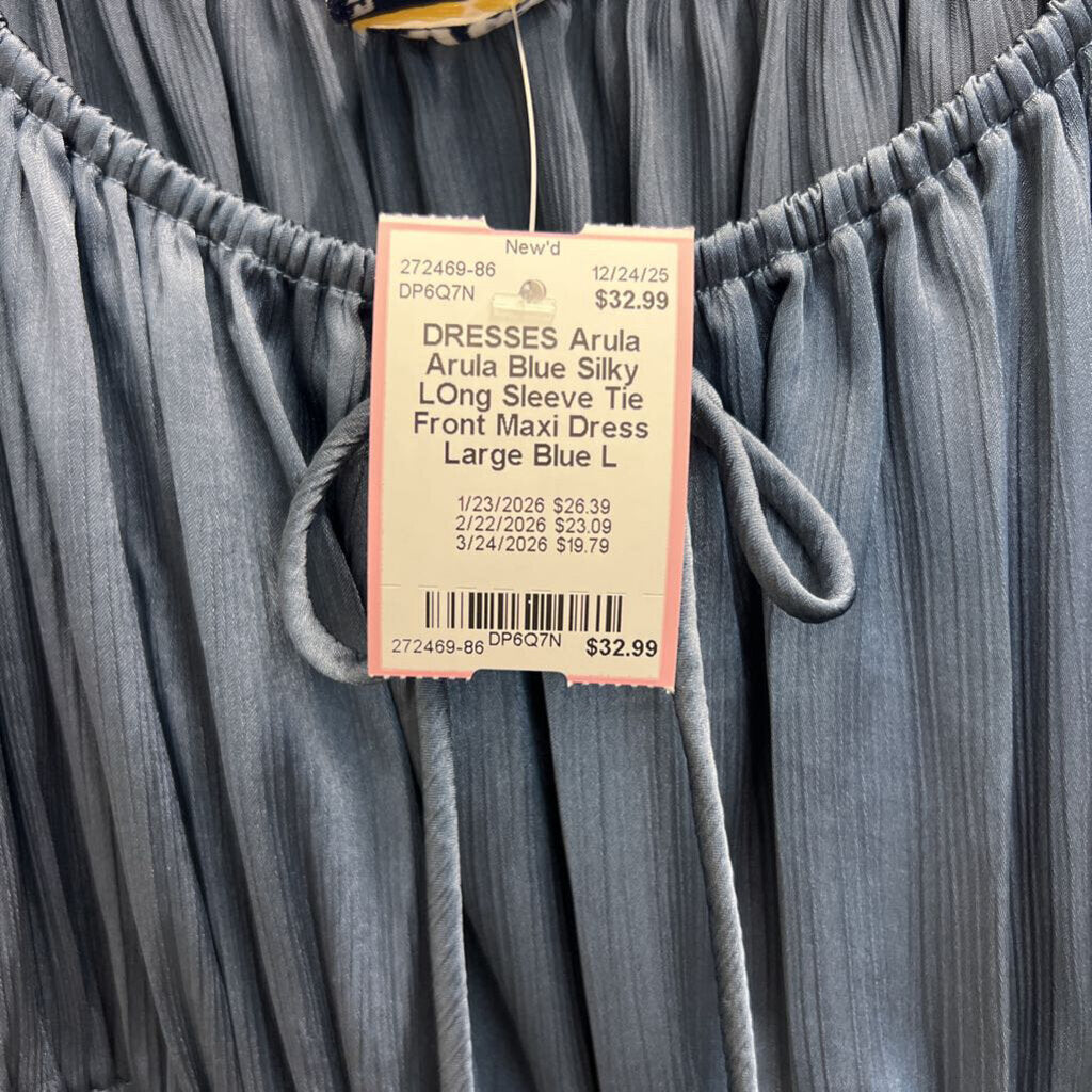 Arula Blue Silky LOng Sleeve Tie Front Maxi Dress Large