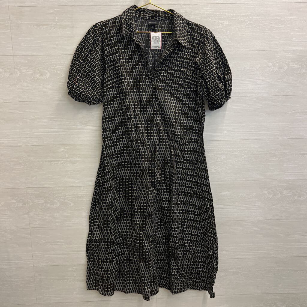 Who What Wear Black/ Cream Print Short Puff Sleeve Button Front Dress Medium