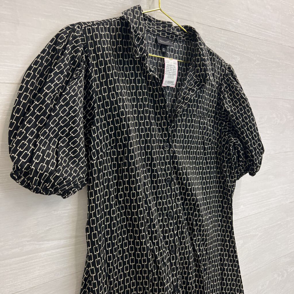 Who What Wear Black/ Cream Print Short Puff Sleeve Button Front Dress Medium