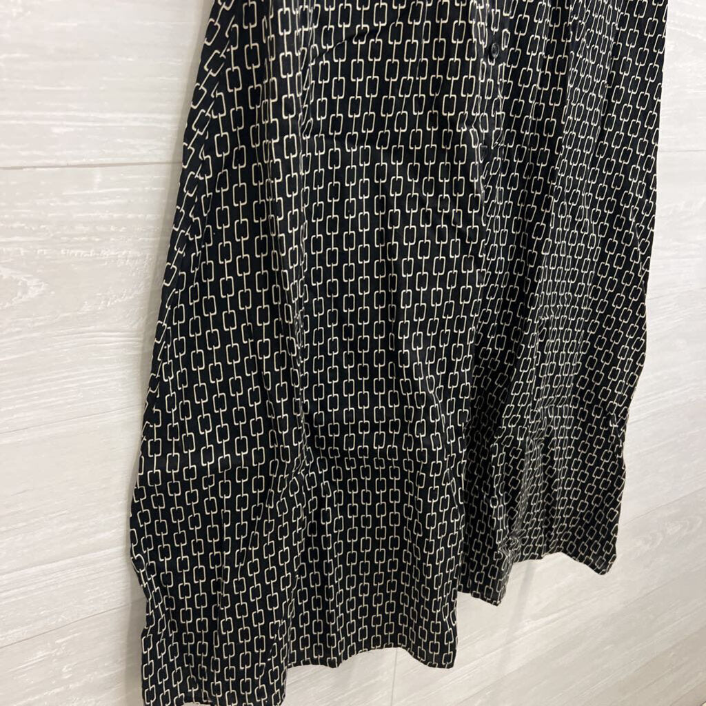 Who What Wear Black/ Cream Print Short Puff Sleeve Button Front Dress Medium