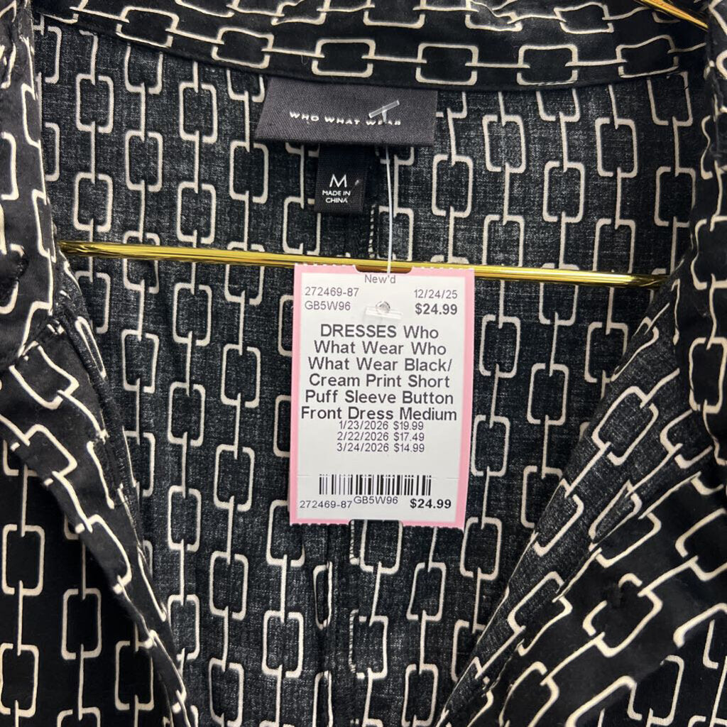 Who What Wear Black/ Cream Print Short Puff Sleeve Button Front Dress Medium
