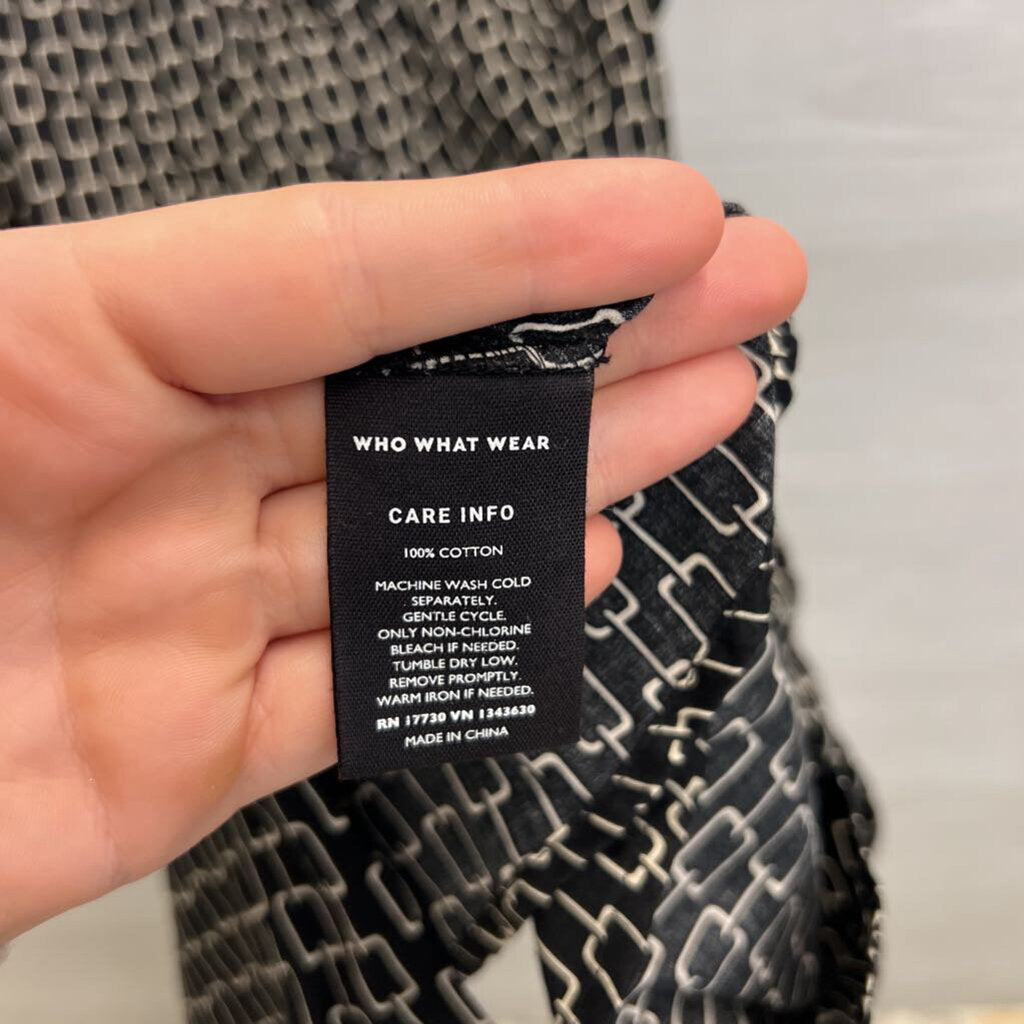 Who What Wear Black/ Cream Print Short Puff Sleeve Button Front Dress Medium