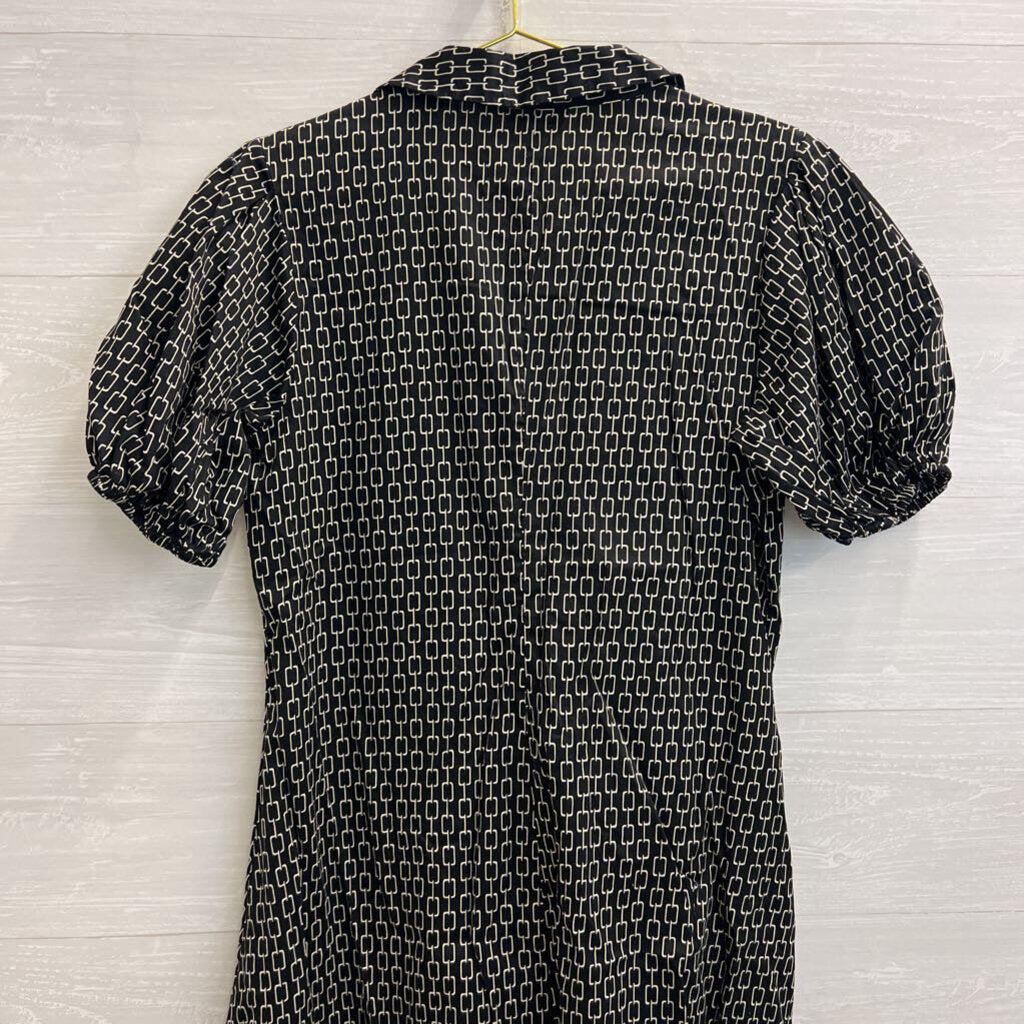 Who What Wear Black/ Cream Print Short Puff Sleeve Button Front Dress Medium