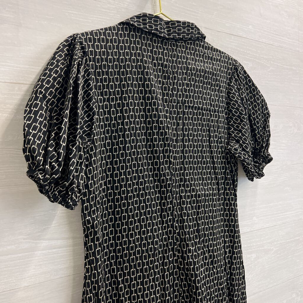 Who What Wear Black/ Cream Print Short Puff Sleeve Button Front Dress Medium