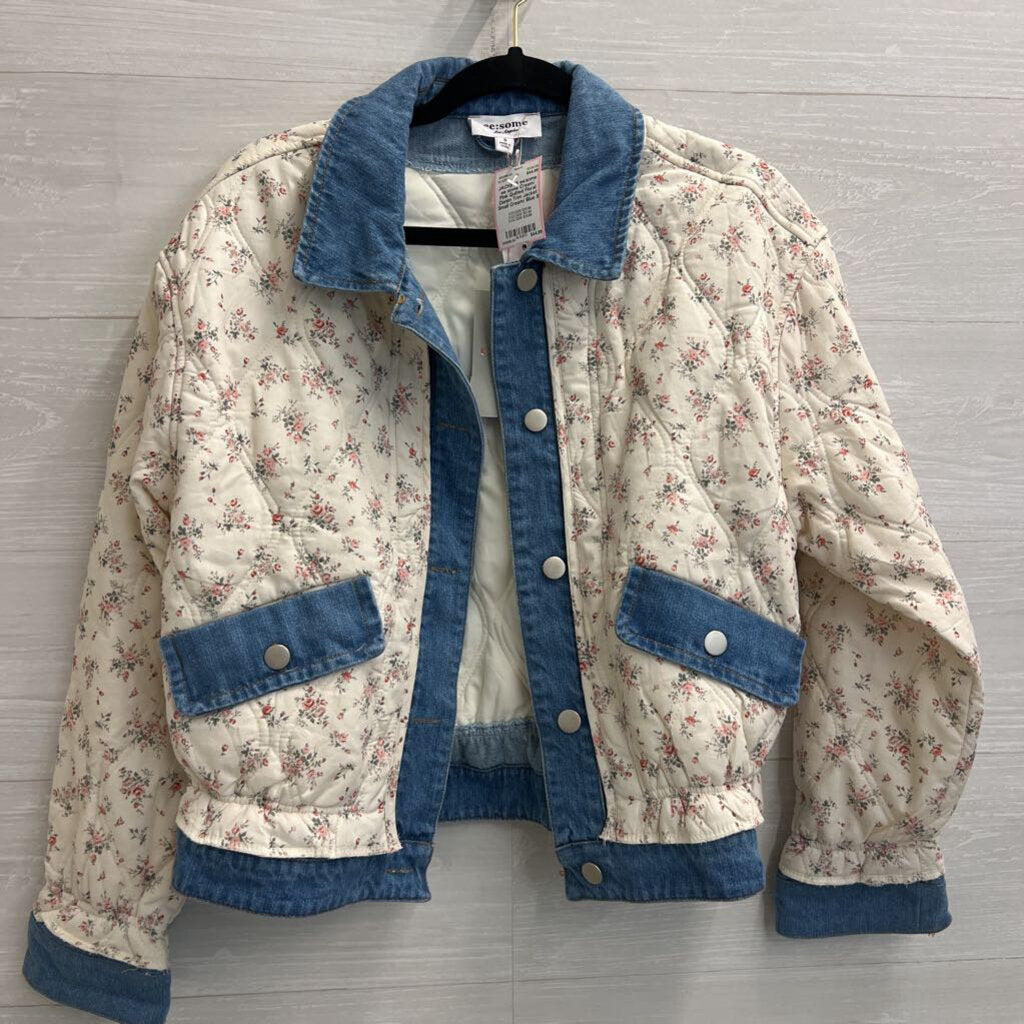 ee some Cream/ Pink Quilted Floral Denim Trim Jacket Small