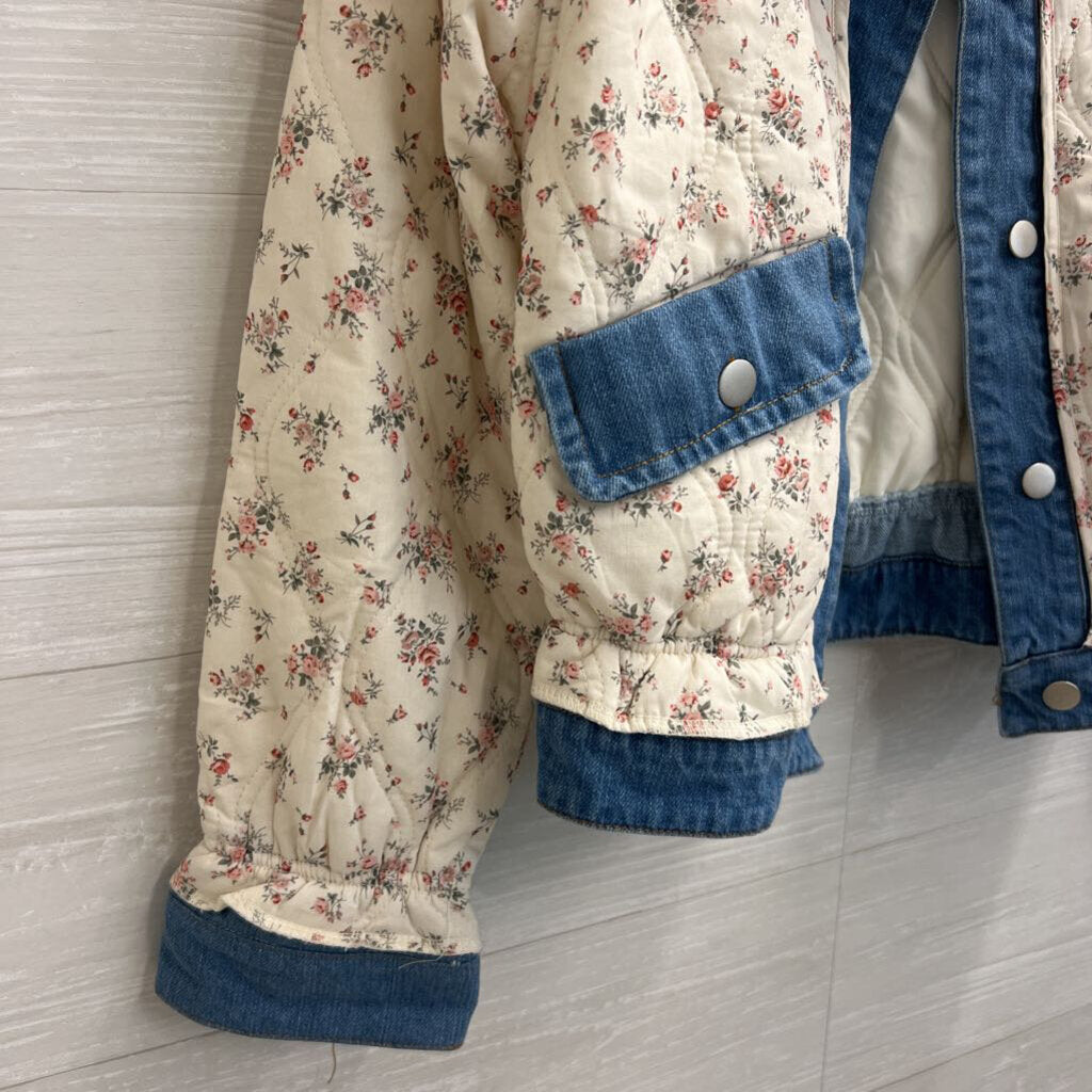 ee some Cream/ Pink Quilted Floral Denim Trim Jacket Small